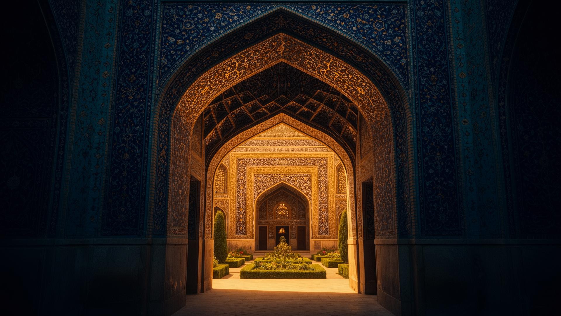 Persian Safavid archway leading into a moonlit courtyard